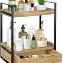 2-Tier Bathroom Organizer Countertop with Drawer, Wood Counter Shelf for Storage, Vanity Tray for Organization and Decor, Countertop Organizer for Bathroom, Kitchen, Office (Brown)