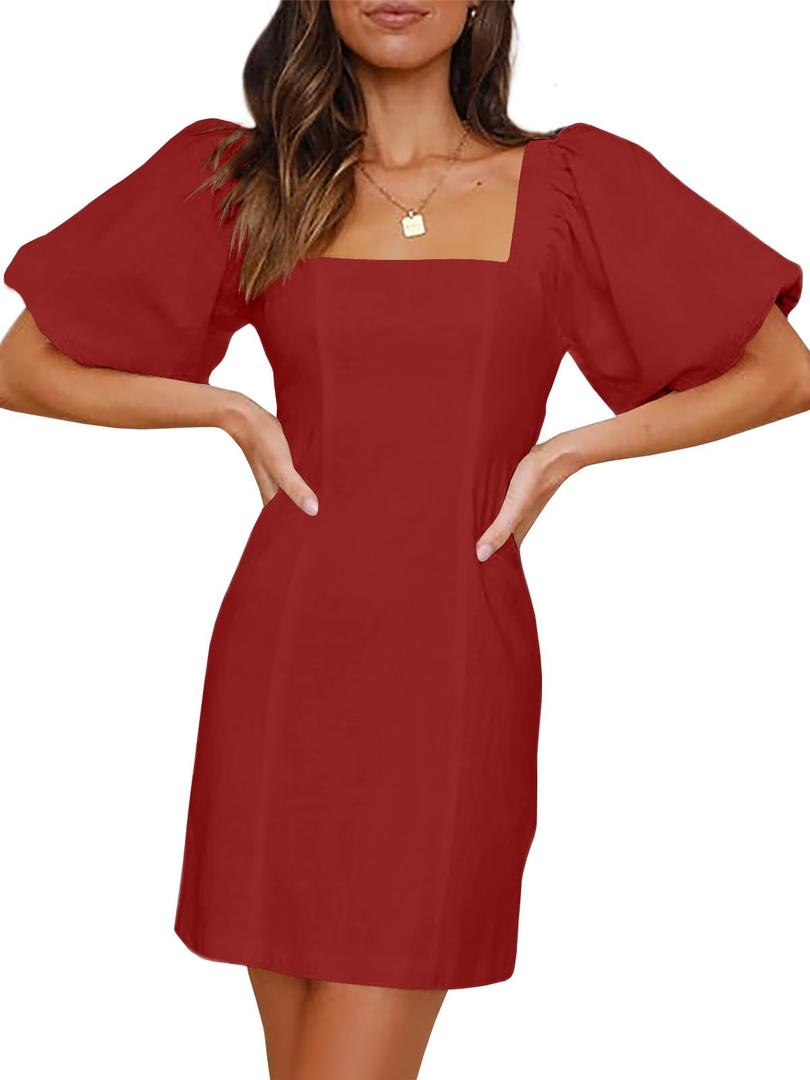 Misng Women's Square Neck Short Puff Sleeves Mini Dresses Stretch Slim Casual Dress with Zipper Red (Red, XS)