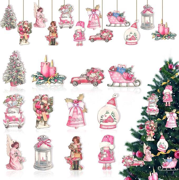 JUNEBRUSHS 35 Pcs Pink Christmas Decor Tree Ornaments Set, Double-Sided Printing Vintage Style Wooden Christmas Hanging Ornaments Decorations for Home Holiday Christmas Party Decoration Supplies