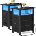 Vagusicc Set of 2 Black Nightstand with Charging Station and LED Lights, Narrow End Table, LED Night Stand with 3 Fabric Drawers for Bedroom, Small Bedside Table, Narrow Side Table for Small Spaces