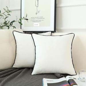 LIGICKY Set of 2 White Velvet Throw Pillow Covers Modern Minimalist Style Solid Decorative Black Rope Edging Soft Square Cushion Cases for Sofa Bedroom Party Dcor, 22 x 22 inch