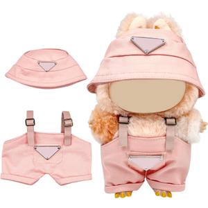 2 x Clothes for 6.7in Plush Doll(NO Doll), Hat & Overalls Set with Triangular Badge, Handcrafted 2-Piece Clothes Set, Fashion Cute Outfit for Dolls Accessories(Pink)
