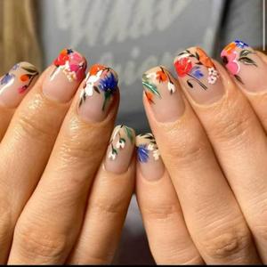 French Tip Press on Nails Medium Square OFDNE Flower Fake Nails False Nails with Colorful Floral Designs Nude Glossy Glue on Nails French Manicure Acrylic Nails for Women Girls 24Pcs (F3)