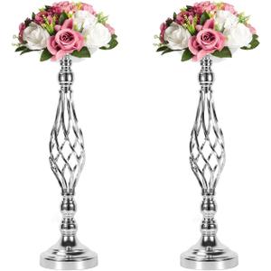 2pcs Metal Silver Candle Holders Road Lead Table Centerpiece Stand Pillar Candlestick for Wedding Candelabra Flowers Vases