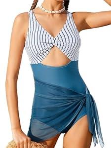 Funnycokid Girls One Piece Swimsuits Size 12-14 Bathing Suit Twist-Knot Blue Stripes Color Block Pad Teen Swimwear with Cover Up Skirt