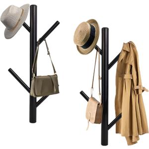 Acteomsly 2-Pack Vertical Coat Rack Wall Mounted, Modern Coat and Hat Rack, 15.9 Inch Metal Tree Coat Racks for Hats, Jackets, Bags, Clothes, Hats Entryway Bedroom, Living Room (Black）