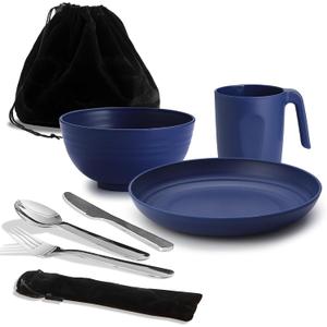 Camping Utensils, Reanea Camping Mess Kit for Travel, Camping, Picnic, Outdoor, Camping Gear Include Knife, Spoon, Fork Cutlery Set, Cup, Bowl, Plate, Camping Essentials for 1