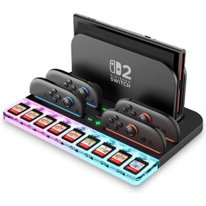 i-Blason Charging Dock Storage Base for Nintendo Switch 2 JoyCon Controllers [9 Game Card Slots] [Ambient Lighting] All-in-one Charging Station Storage Stand Organizer with USB Charging Cable (Black)