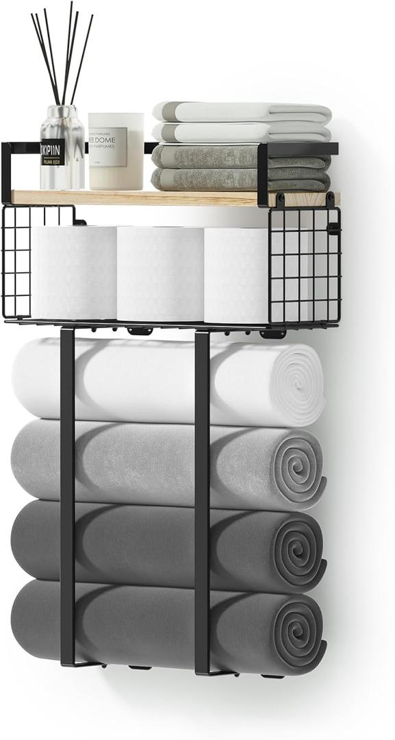 Towel Racks for Bathroom, Metal Towel Holder with Storage Basket,Wall Towel Rack for Rolled Towels, Towel Storage for Small Bathroom. (Large, Wood)