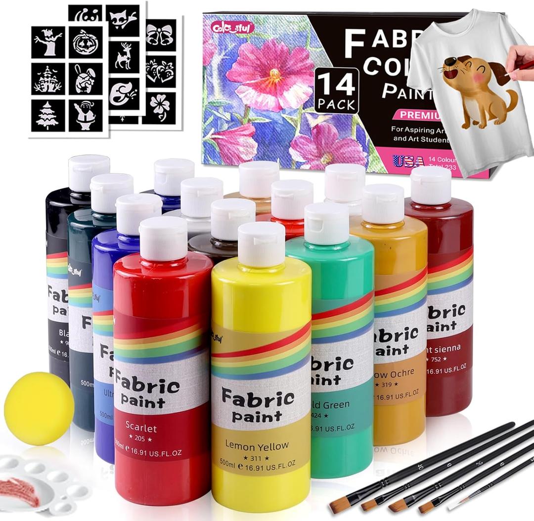 Colorful 14 Colors Permanent Fabric Paint for Furniture, 16.65 oz (500 ml) Fabric Paint for Clothes, Soft Rich Pigment Non-Toxic Textile Paint for Fabric DIY Crafts T-shirts Shoes Jeans for Adult