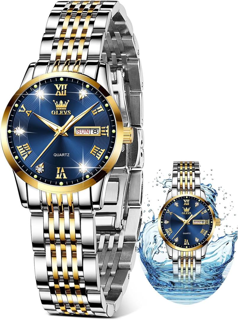 OLEVS Luxury Ladies Watches,Women's Watch with Day and Date,Female Watch for Small Wrist,Gold Stainless Steel Watches for Women,Easy Read Ladies Wrist Watches Waterproof Adjustable Strap