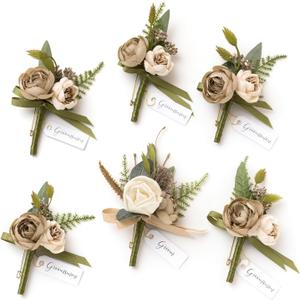 Ling's moment Boutonniere for Men, 6pcs Groom Groomsmen Boutonniere, Artificial Flowers for Wedding Decor/Prom/Homecoming, etc.Brown