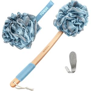 Toem® Loofah Back Scrubber for Shower | Bamboo Charcoal Fiber Infused | Loufas for Men & Women | Includes 1 Long Handled Shower Sponge, 1 Bath & Shower Luffa Pouf & 1 Hook to Hang Stuff (Sky Blue)