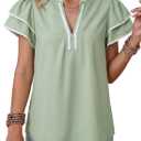 Dokotoo Womens Summer Tops 2026 Boho Floral Ruffle Short Sleeve V Neck Dressy Casual Loose Blouses Shirts (Green, XXL)
