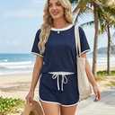 Opemiby Womens 2 Piece Skort Set 2026 Color Block Short Sleeve Top Drawstring Skort Matching Sets Casual Lounge Summer Outfit