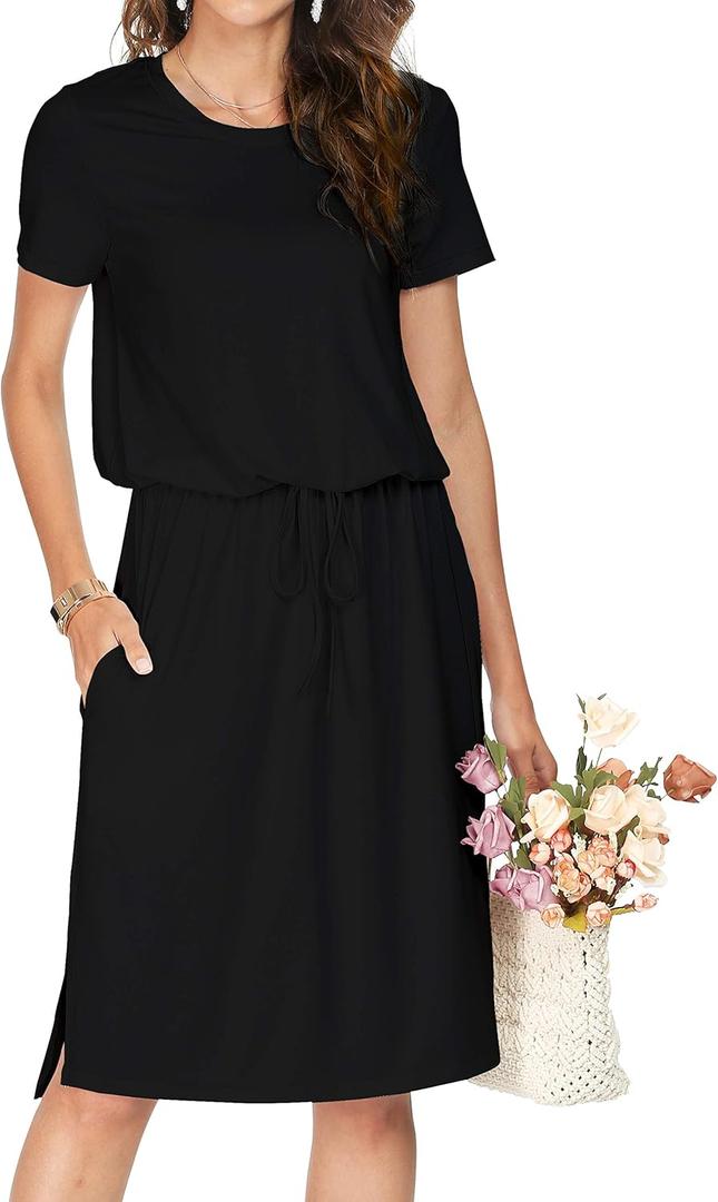 Simier Fariry Womens Summer Hide Belly Knee Length Travel Dress Pocket 2025 Short Sleeve Midi Work Casual Teacher Outfit (Large, Black) Simier Fariry Womens Summer Hide Belly Knee Length Travel Dress Pocket 2025 Short Sleeve Midi Work Casual Teacher Outfit (Large, Black)