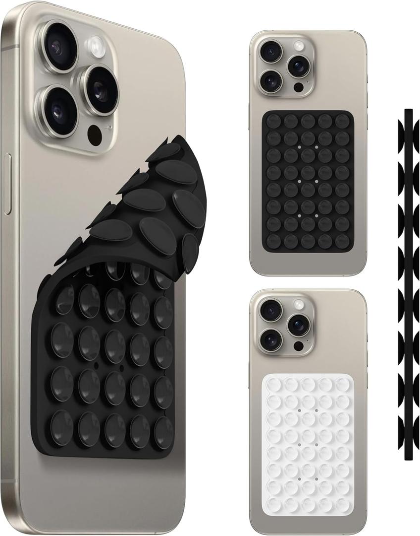 Orzero (2 PCS) Double Sided 40 Grain Silicone Suction Cups Phone Mount Compatible for All iPhone and Android Cellphones, Hands-Free Strong Grip Holder for Selfies and Videos (Black, White)