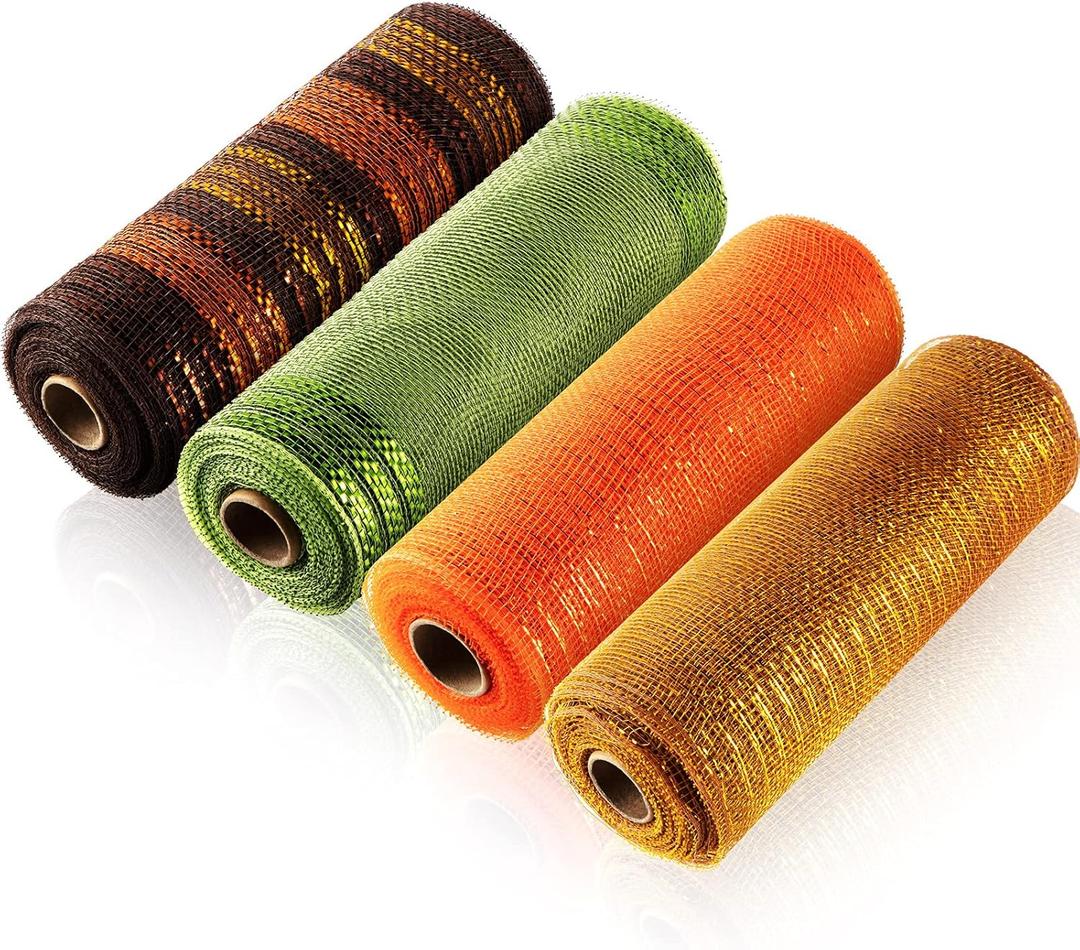 WILLBOND 4 Rolls 40 Yards Thanksgiving Mesh Ribbon for Wreath 10 Inch Autumn Wrapping Ribbon Fall Metallic Foil Wired Edge Ribbons Decor for Thanksgiving Fall Holiday Making DIY Party Crafts (Charming Colors)