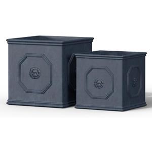 Kante Square Lion Head Concrete Planter Set of 2, Classic English Style Plant Pot with Drainage Hole and Rubber Plug for Indoor Outdoor, 10.2"x10.2"x10.2" and 12.6"x12.6"x12.6" Antique Gray