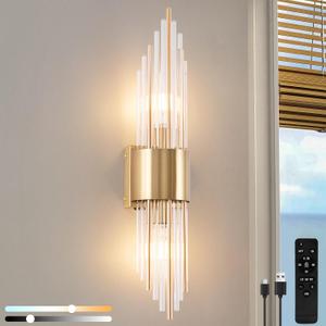 Battery Operated Wall Sconce 2-Light Modern Crystal Wall Sconces Gold Vanity Wall Light with Frosted Glass Luxury Wall Light Fixtures for Bedroom Living Room Dining Room Vanity Mirror Light