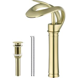 Elegant Bathroom Sink Faucet Single Hole,AUU Waterfall Brushed Gold Vessel Sink Faucet Solid Brass,Single Handle Tall Bowl Sink Faucet with Pop Up Drian Supply Line (Brushed Gold, Tall)