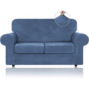 WEERRW Velvet Couch Covers for 2 Cushion Couch Sofa - High Stretch Luxury Velvet Plush 3 Pieces Sofa Slipcovers with Elastic Bottom, Furniture Protector for Pets, Machine Washable, Light Blue, Medium