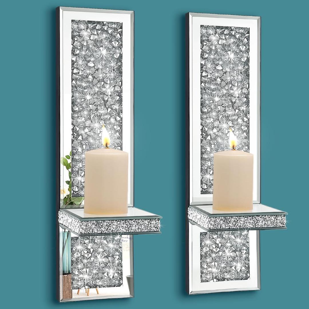 Pibeyer Crystal Crush Diamond Wall Candle Holder Set of 2, Silver Mirrored Candle Sconces, Home Wall Decoration for Living Room, Dining Room & Bedroom