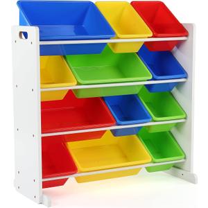 Humble Crew Kids Toy Storage Organizer with 12 Plastic Bins, White/Primary Removable Bins for Playroom, Bedroom, Toddler Furniture for Boys and Girls Ages (Tall)