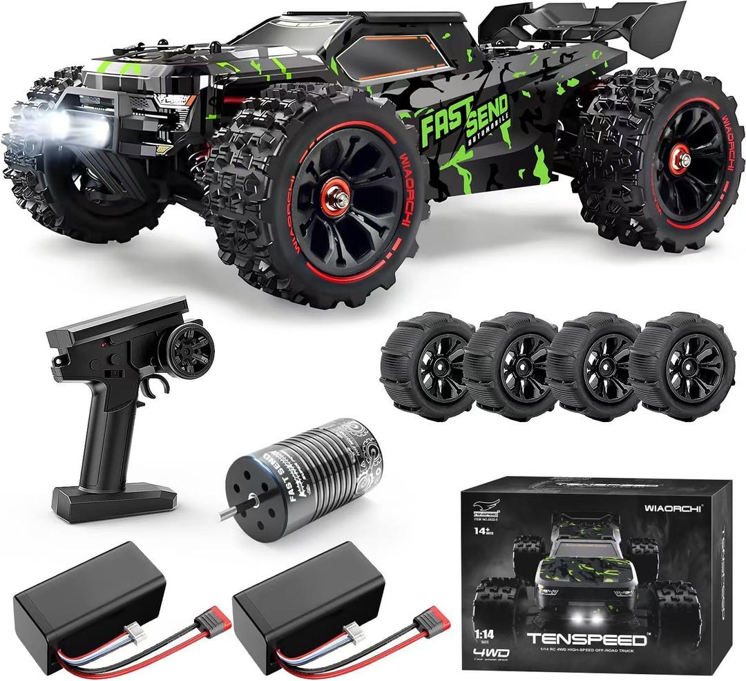 1/14 Brushless RC Cars for Adults Fast 50+ mph, RC Trucks 4x4 Offroad Waterproof, Electric Powered High Speed Remote Control Car, Fast Extreme All Terrain RC Truggy with 3S Battery for Snow Sand (Green)