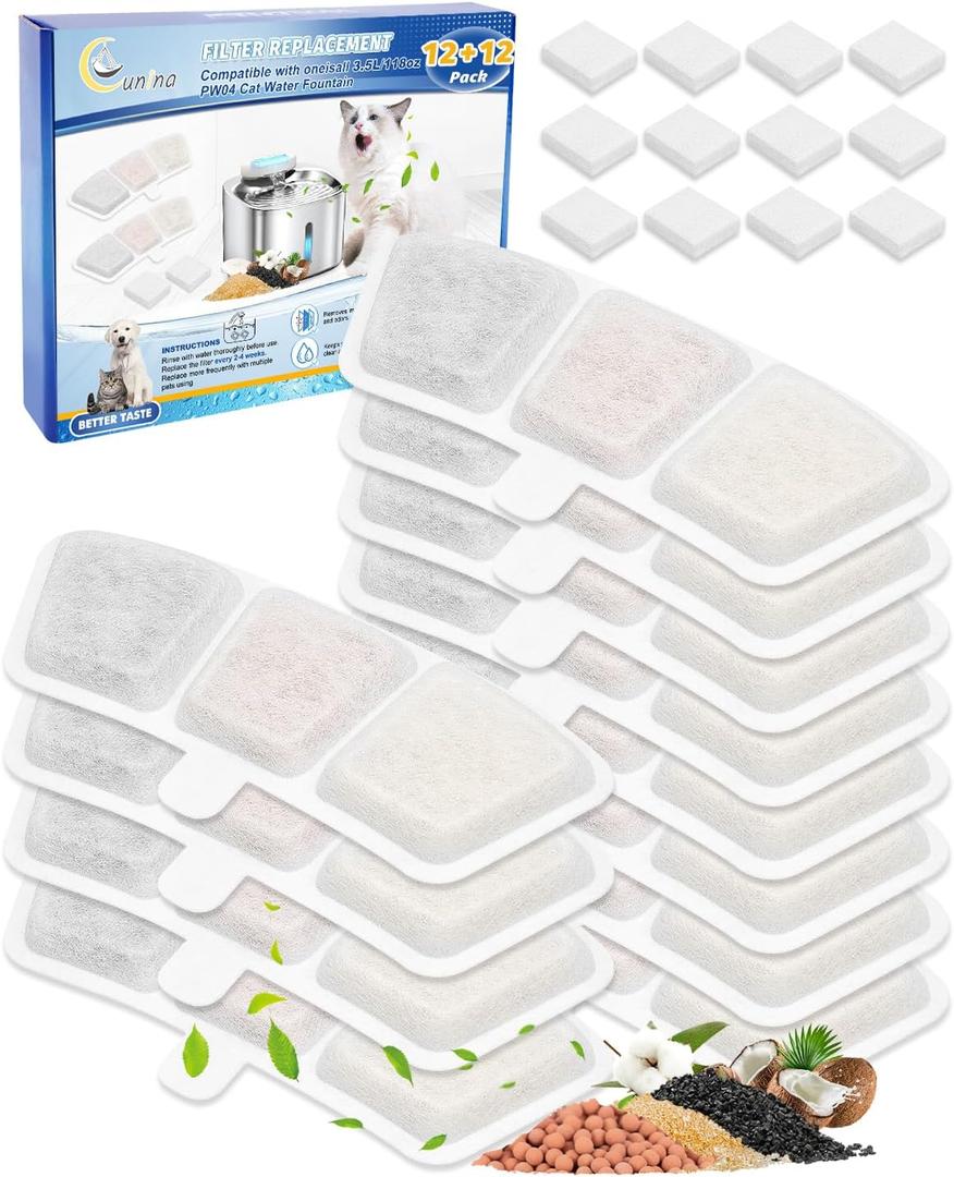 Cat Water Fountain Filter Compatible with oneisall PW03 & PW04 3.5L/118oz, Cat Fountain Filters Replacement Fit for oneisall, Multilayer Filters System, Keeping Pet Water Clean 12+12 Pack