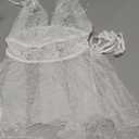 OYOANGLE Women's 2 Piece Polka Dots Lace Sheer Mesh V Neck Babydoll Teddy Lingerie Set (White) S