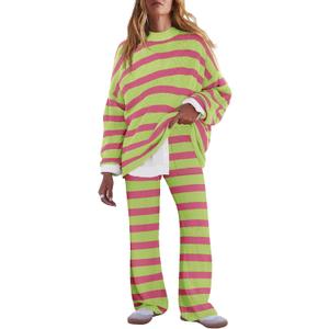 LAMISSCHE Oversized Womens Lounge Set Striped Sweater Set Long Sleeve 2 Piece Pajama Set Top and Pants with Pockets (X-Large, Green & Hot Pink)