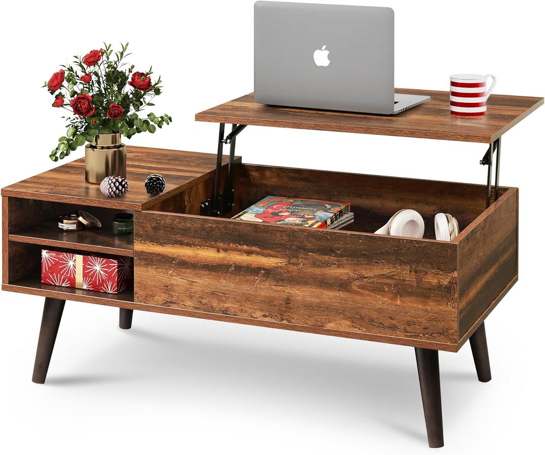 WLIVE Wood Lift Top Coffee Table with Hidden Compartment and Adjustable Storage Shelf, Lift Tabletop Dining Table for Home Living Room, Office, Rustic Oak (39.37"D x 19.69"W x 16.93"H, Retro Brown)