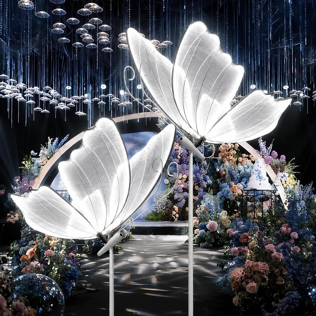 DYRABREST 2-Pack Butterfly Wedding Aisle Lights Romantic Butterfly LED Decoration Lights, Adjustable Height 57.5-70.1in LED Decor with Dual Mounting for Indoor Weddings (White, White Light)