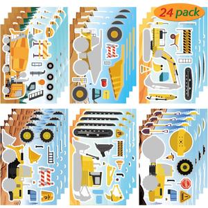 24 Sheets Make Your Own Construction Vehicle Stickers for Kids Boys, Make-a-Face Engineering Vehicles Fire Trucks Excavator for Construction Themed Party Favors