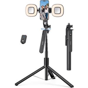 TECKNET 71" Selfie Stick Tripod for Phone with Light, Portable Extendable Cell Phone Tripod Stand with Wireless Remote and Phone Holder, with Wireless Remote Control for iPhone/Android/Camera Light Black