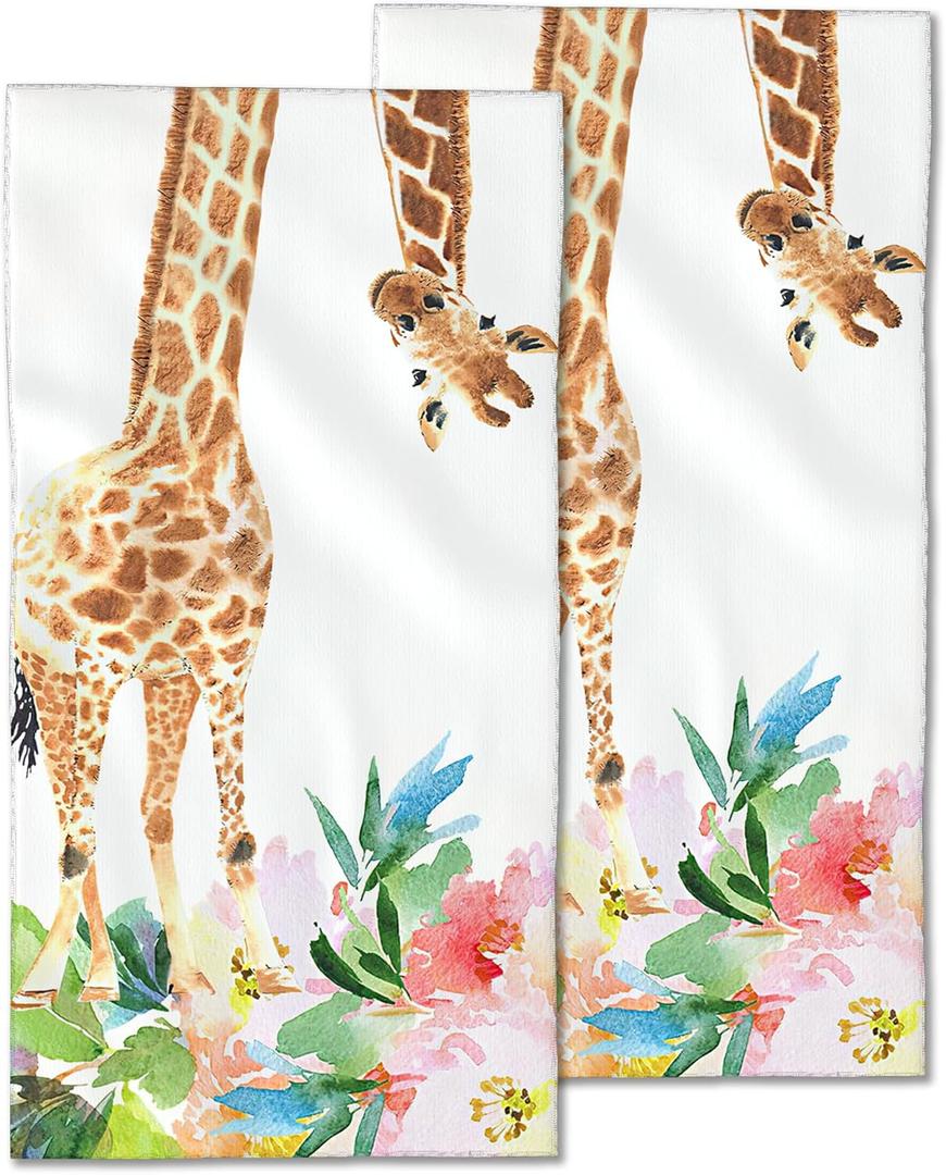 2 Pack Hand Towels for Bath,Funny Giraffe with Flowers Decorative Towels Highly Absorbent Soft Towels for Bathroom Beach Kitchen Spa Gym Face Towel 14x28 Inch