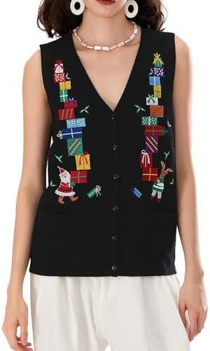 Women Christmas Knit Vest Button Down V Neck Sweater Vest Sequin Embroidered Sleeveless Cardigan Xmas Clothes, L