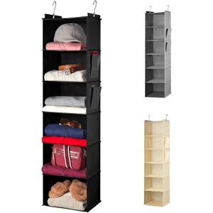 Handy Laundry Hanging Closet Organizer - 6 Shelf Storage for Clothes, Sweaters, Shoes & Accessories - Space-Saving Wardrobe Shelves with Hooks for Dorm, RV & Small Closet Organization (Black)