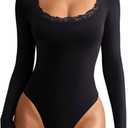 REORIA Women's Sexy Lace Scoop Neck Long Sleeve Double Lined Layering Slim Bodysuit Tops (Small , Black)