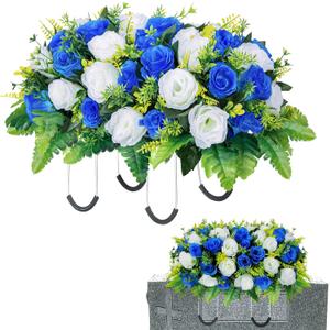 Artificial Cemetery Flowers Saddle for Headstone, Memorial Grave Flowers for Cemetery Outdoor Gravesite Tombstone Headstone Decorations (Blue&White)