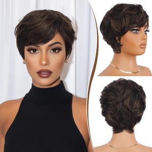 RUWISS Pixie Cut Wig Human Hair  Short Wigs for Black Women with Bangs, Natural Layered Wavy Wig, Glueless, 1B/4#