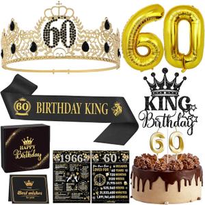 60th Birthday Decorations for Men - King Black Gold Party Decor Supplies Sash Crown Balloons Cake Topper Candles Gifts for Husband Dad, Happy 60 Year Old Back in 1966 Cheers Anniversary Sign