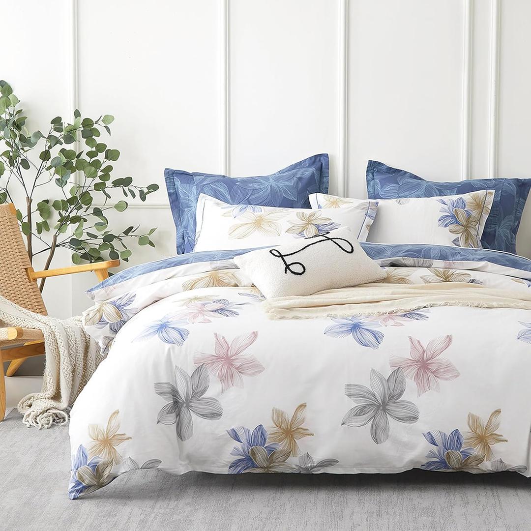Natural Cotton 3pcs Floral Comforter Sets Queen Size - Grayish White Comfoter with Blush & Tan Floral Print, Aegean Blue Reverse, Vintage Lightweight Bedding Sets(Queen 90"90")