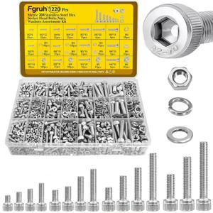 1220PCS M3 M4 M5 M6 Metric Screws Assortment Kit,Hex Socket Head Cap Bolts Nuts and Washers Assorted Kit,304 Stainless Steel Hardware Set for DIY, 3D Printer