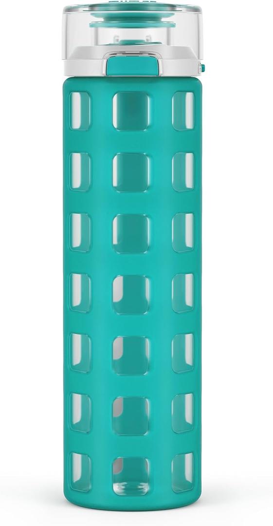 Ello Syndicate 20oz Reusable Glass Water Bottle with One-Touch Leak Proof Flip Lid and Protective Non-Slip Silicone Sleeve and Carry Loop for Coffee, Tea and Water, BPA-free, Dishwasher Safe, Mint (19.9 Ounces)