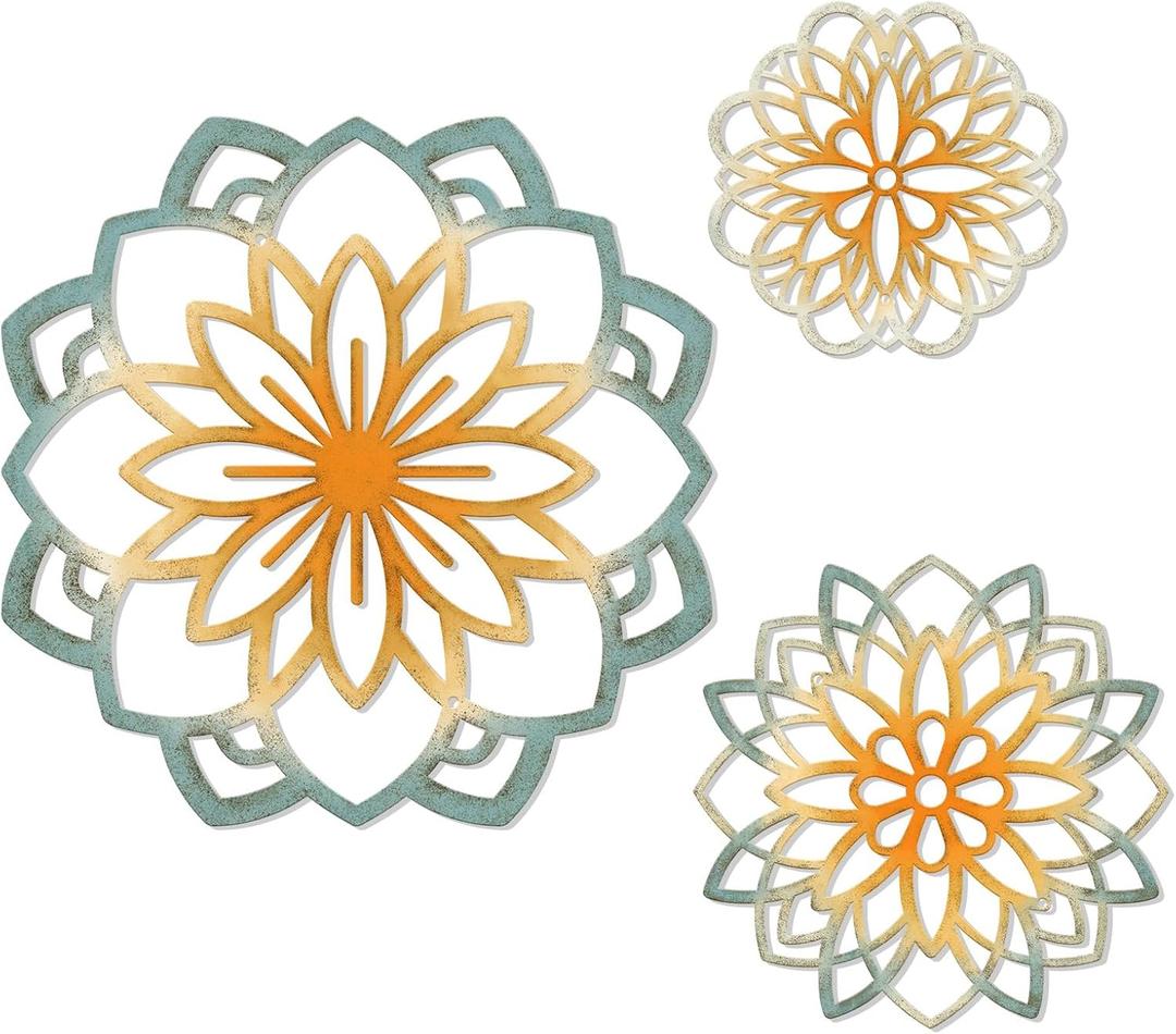 Zzbakress 3 Pcs Colorful Metal Flowers Wall Art Farmhouse Floral Bathroom Decoration Flowers Metal Hanging Decor Farmhouse Wall Art for Living Room Bathroom Bedroom (Style C)