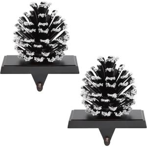 Hxezoc 2 Pack Pine Cone Christmas Stocking Holder with Snowflake, 3D Brown Metal Mantel Stocking Hangers for Christmas Fireplace Mantel Decorations Christmas Holiday Supplies