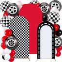 34 Pieces Race Car Party Decoration 4ft 5ft 6ft Race Backdrop Cover Checkered Spandex Arch Backdrop Covers Red and Black Balloons Racing Tire Foil Balloons for Racer Go Kart Birthday Party