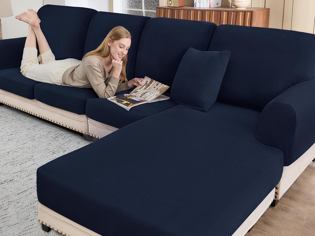 BT.WA Sectional Couch Covers for Sofa Cushion L Shaped Couch Cover Washable Soft Couch Cushion Covers Stretch Sofa Slipcovers(1-Piece for Chaise or Sofa 3-Seater, Navy)